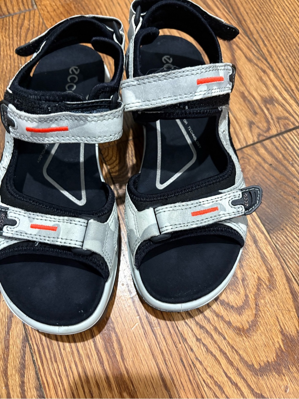 Ecco Black and Light Gray Sandals with Orange Accents